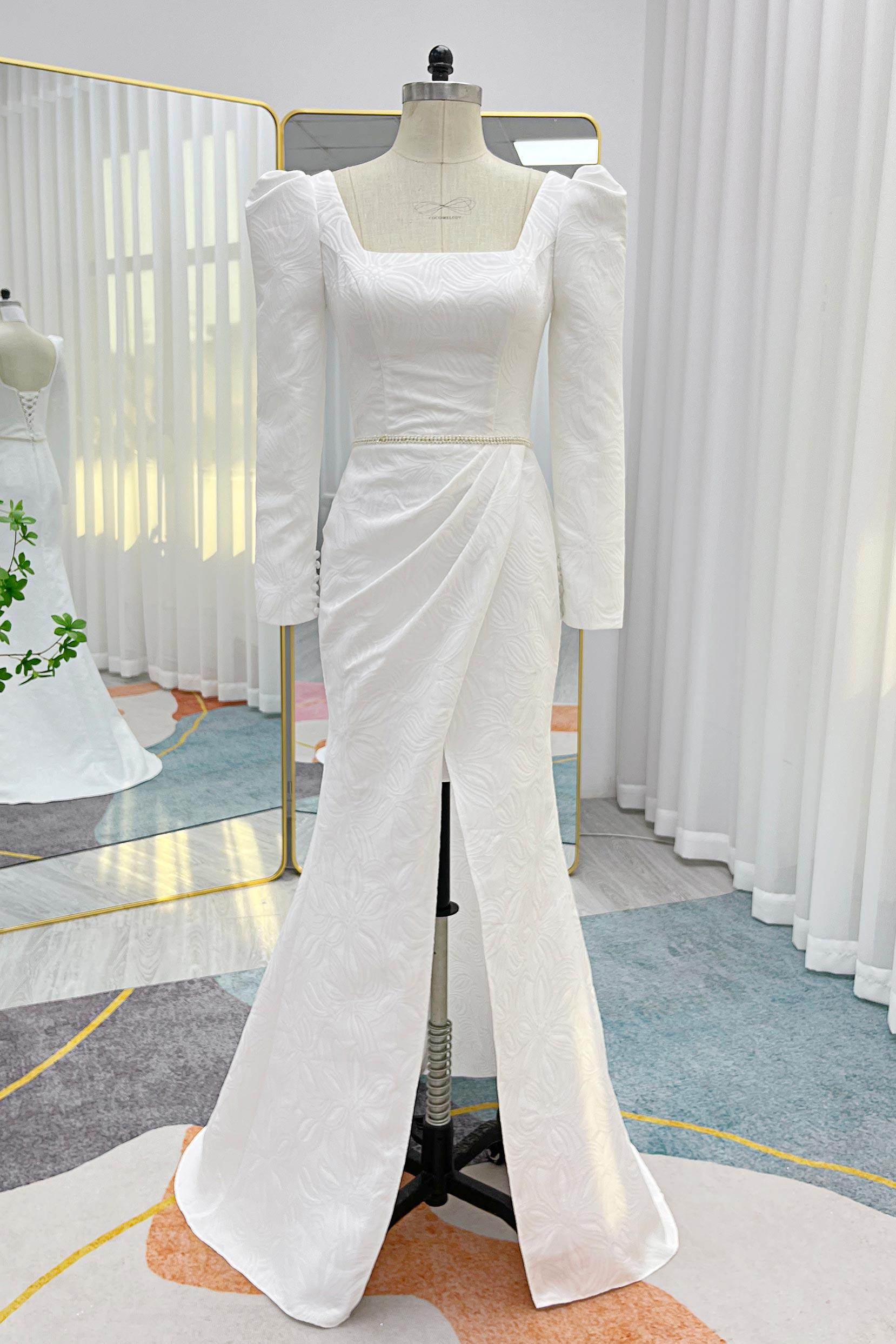 Mermaid Sweep-Brush Train Jacquard Satin Wedding Dress CW3284 - COCOMELODY